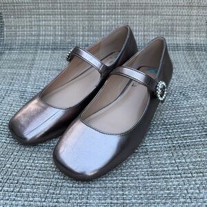 Anthropologie SILENT D Mary Jane Rhinestone Buckle Metallic Leather Flats Sz 36